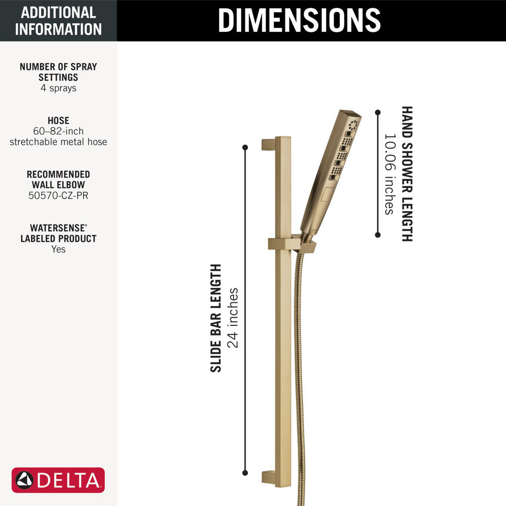 Delta Handbrause Mit Gleitstange – 1,75 GPM, 4 Sprühoptionen, Inkl. Schlauch, Wassersparend