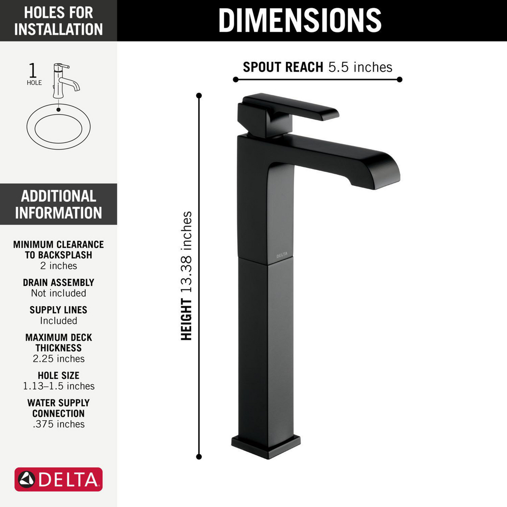 Delta Robinet de salle de bains à poignée unique ARA - Noir mat (avec bonde  mécanique) – Renoz