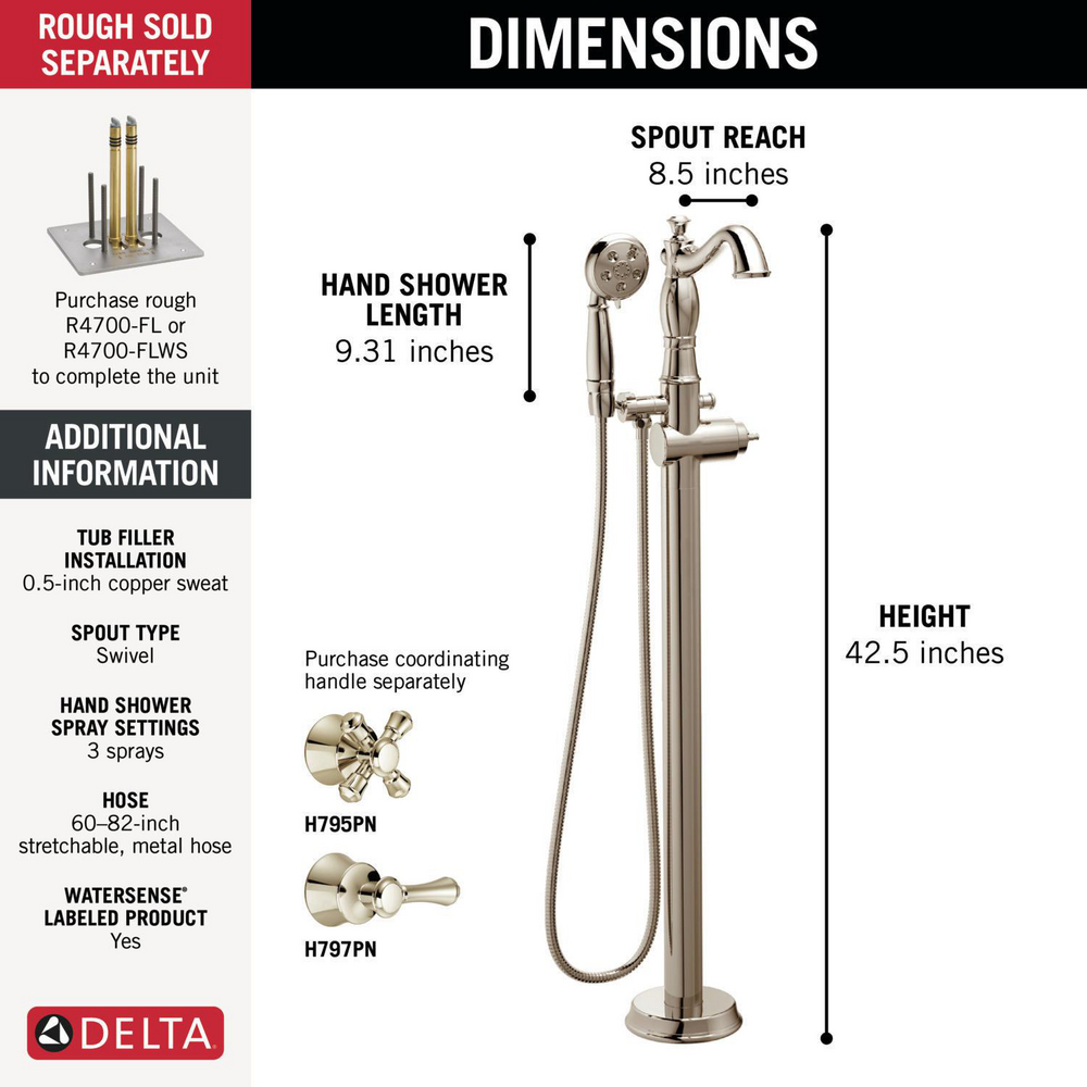 Single Handle Floor Mount Tub Filler Trim with Hand Shower - Less